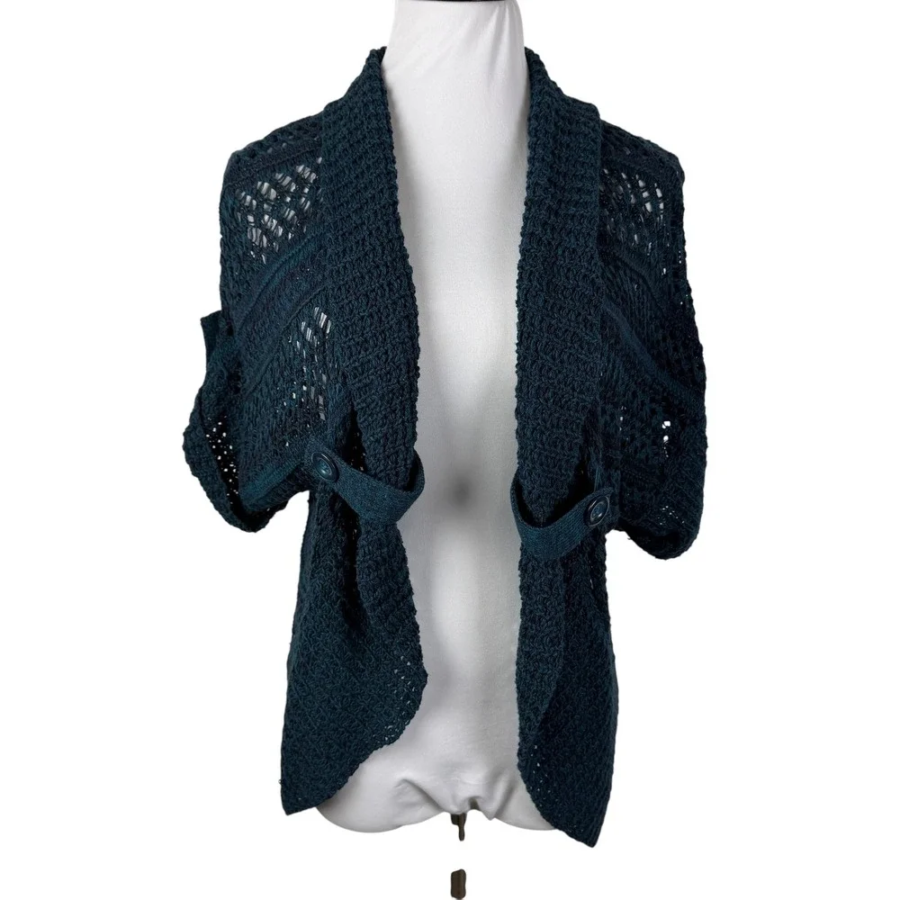 Apt 9 Teal Blue Space Dye Open Knit Crochet Cardigan Button Tab Women's Large
